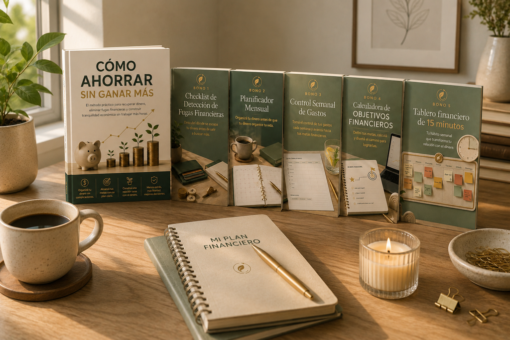Colección Método Dinero Recuperado Ebook "Cómo ahorrar sin ganar más" + 5 herramientas prácticas para recuperar el control de tu dinero.